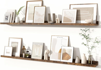 Fun Memories Picture Ledge Shelves Set of 2, 32 Inch Rustic Wall Mounted Floating Shelves with Lip for Home Storage and Décor in Bathroom, Kitchen, Nursery, Bedroom, Living Room, Walnut
