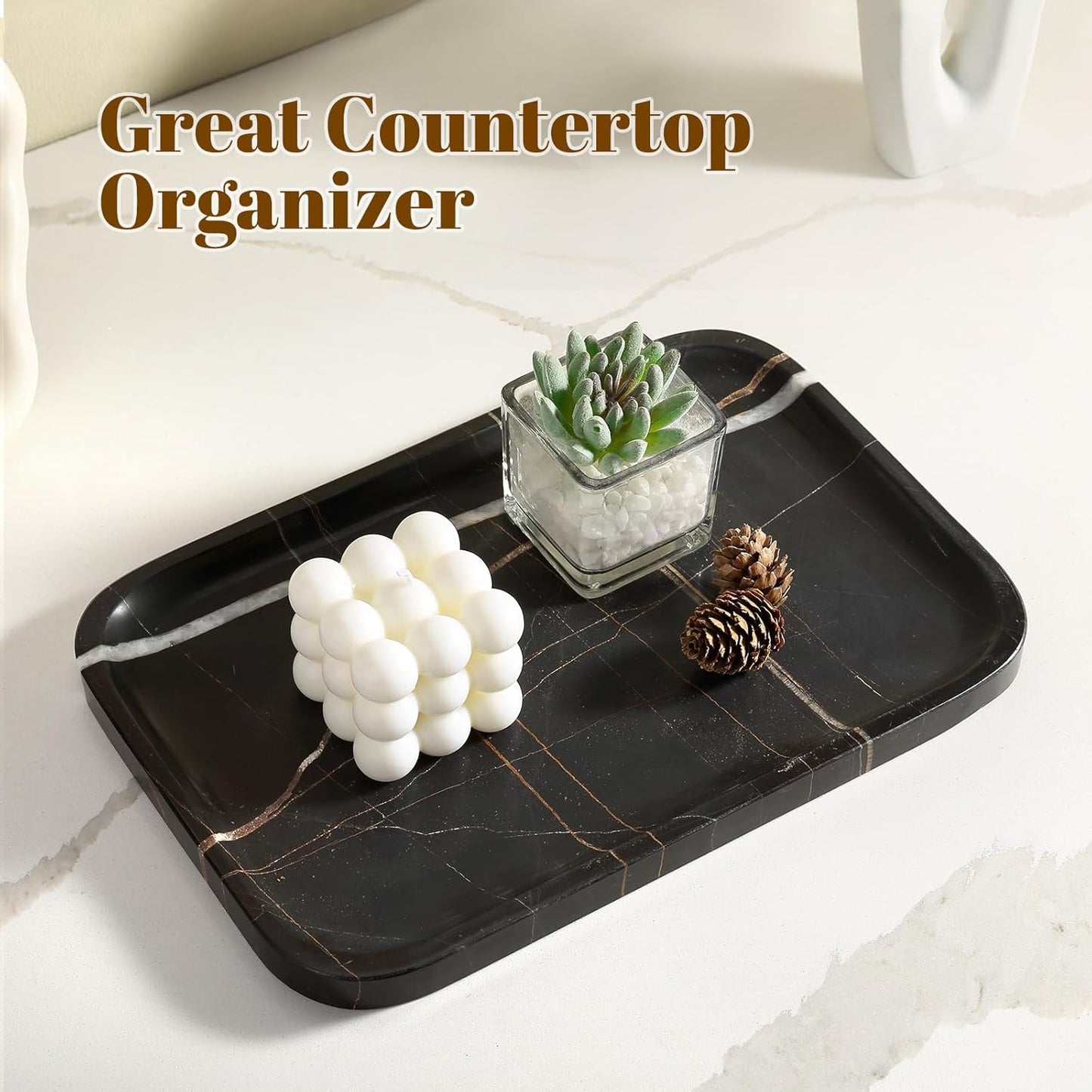Koville Romano Travertine Tray, 12"x8" Natural Stone Vanity Tray for Countertop Bathroom Kitchen Dresser, Decorative Marble Catchall Trays for Perfume Jewelry, Rectangular Serving Tray(Beige)