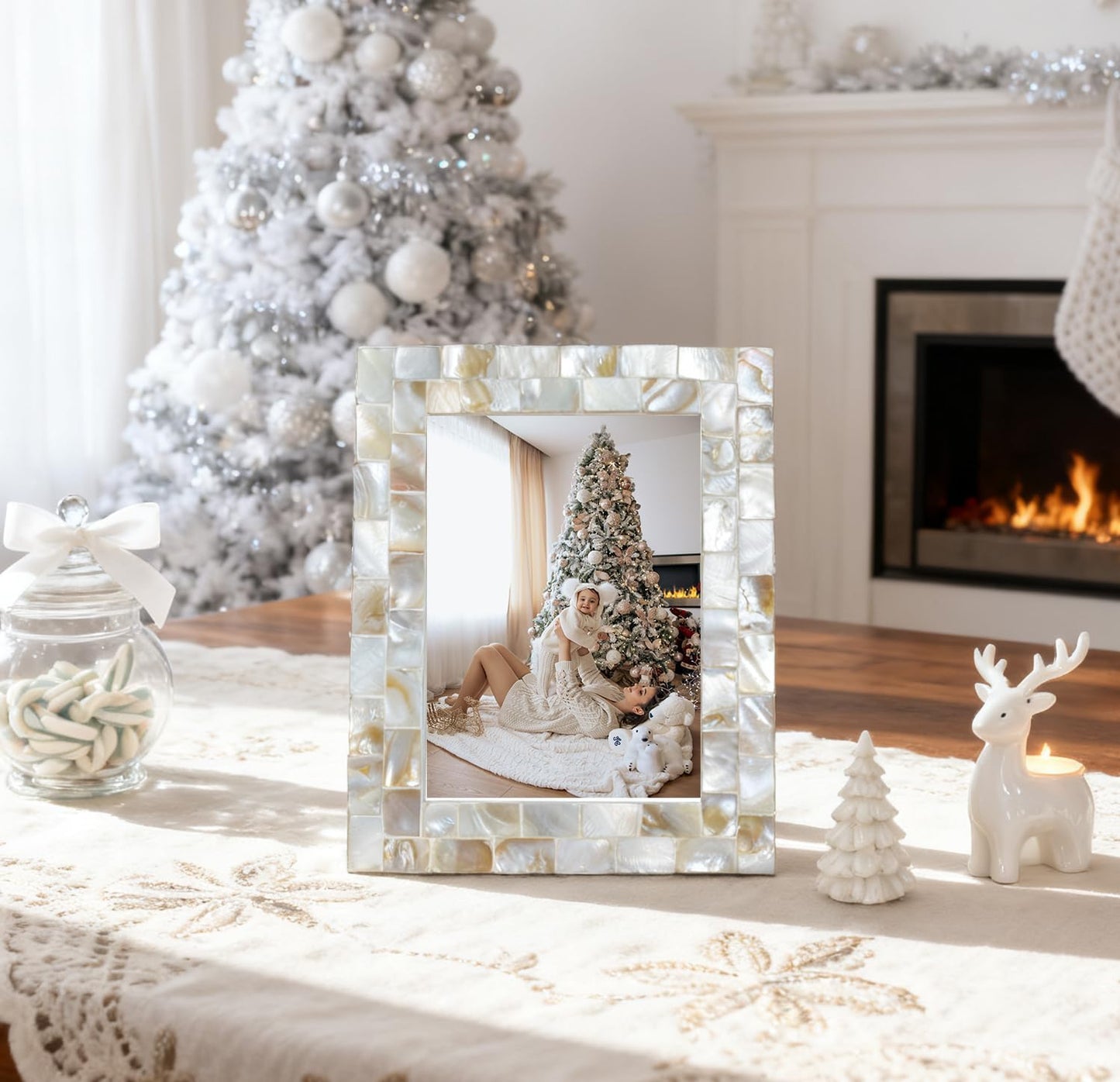 Silver Plate Picture Frame 5x7 Mother of Pearl 5 by 7 Photo Frame Mosaic Glass Tabletop Frame (Grey+ White,1pc)