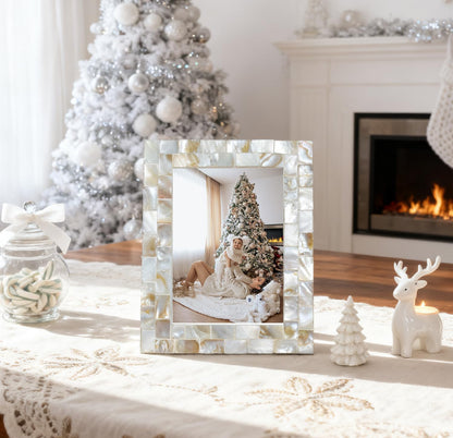 Silver Plate Picture Frame 5x7 Mother of Pearl 5 by 7 Photo Frame Mosaic Glass Tabletop Frame (Grey+ White,1pc)