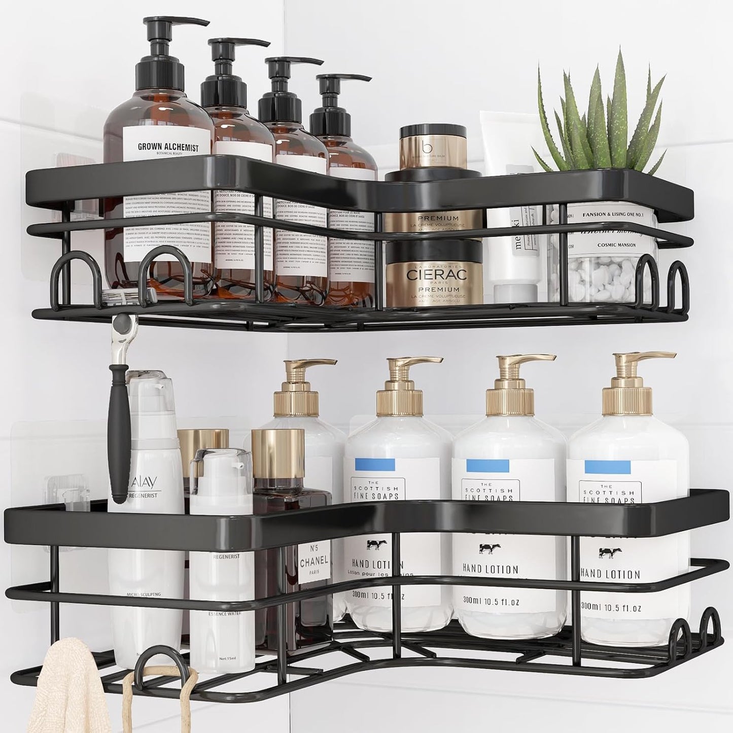 Sakugi Corner Shower Caddy - 2 Pack, Adhesive Shower Organizers, Rustproof Stainless Steel Shower Shelves with 8 Hooks, No Drilling Bathroom Organizers and Storage Racks, Space-Saving, Black, Medium