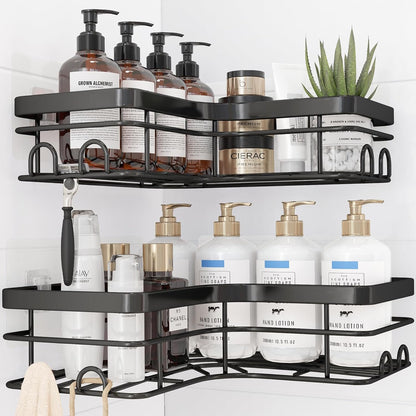Sakugi Corner Shower Caddy - 2 Pack, Adhesive Shower Organizers, Rustproof Stainless Steel Shower Shelves with 8 Hooks, No Drilling Bathroom Organizers and Storage Racks, Space-Saving, Black, Medium