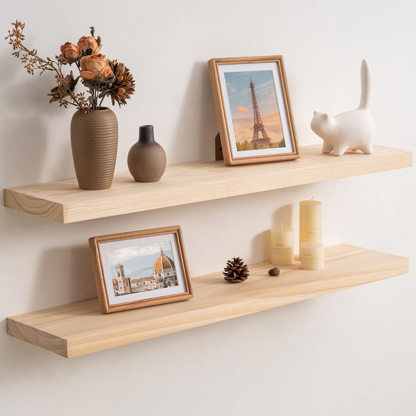Floating Shelves 36 Inches Long - 8 Inch Deep Rustic Premium Solid Pine Wood for Storage - Farmhouse Wall Mounted for Living Room - Heavy-Duty Metal Bracket - 36" W x 8" D - Set of 2 - White Color