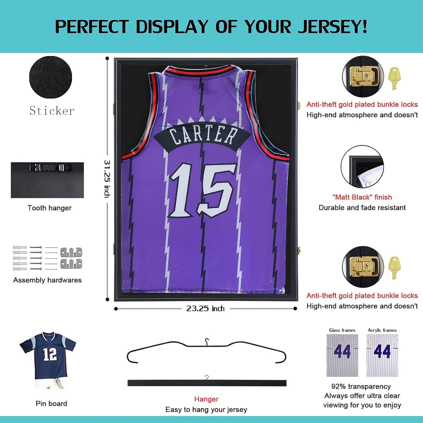 KCRasan Jersey Display Frame Case - Large Lockable Frames Shadow Box with UV Protection for Baseball Basketball Football Soccer Hockey Sport Shirt Matte Black Finish