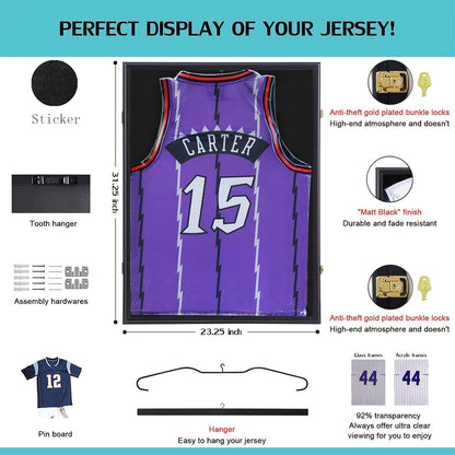 KCRasan Jersey Display Frame Case - Large Lockable Frames Shadow Box with UV Protection for Baseball Basketball Football Soccer Hockey Sport Shirt Matte Black Finish