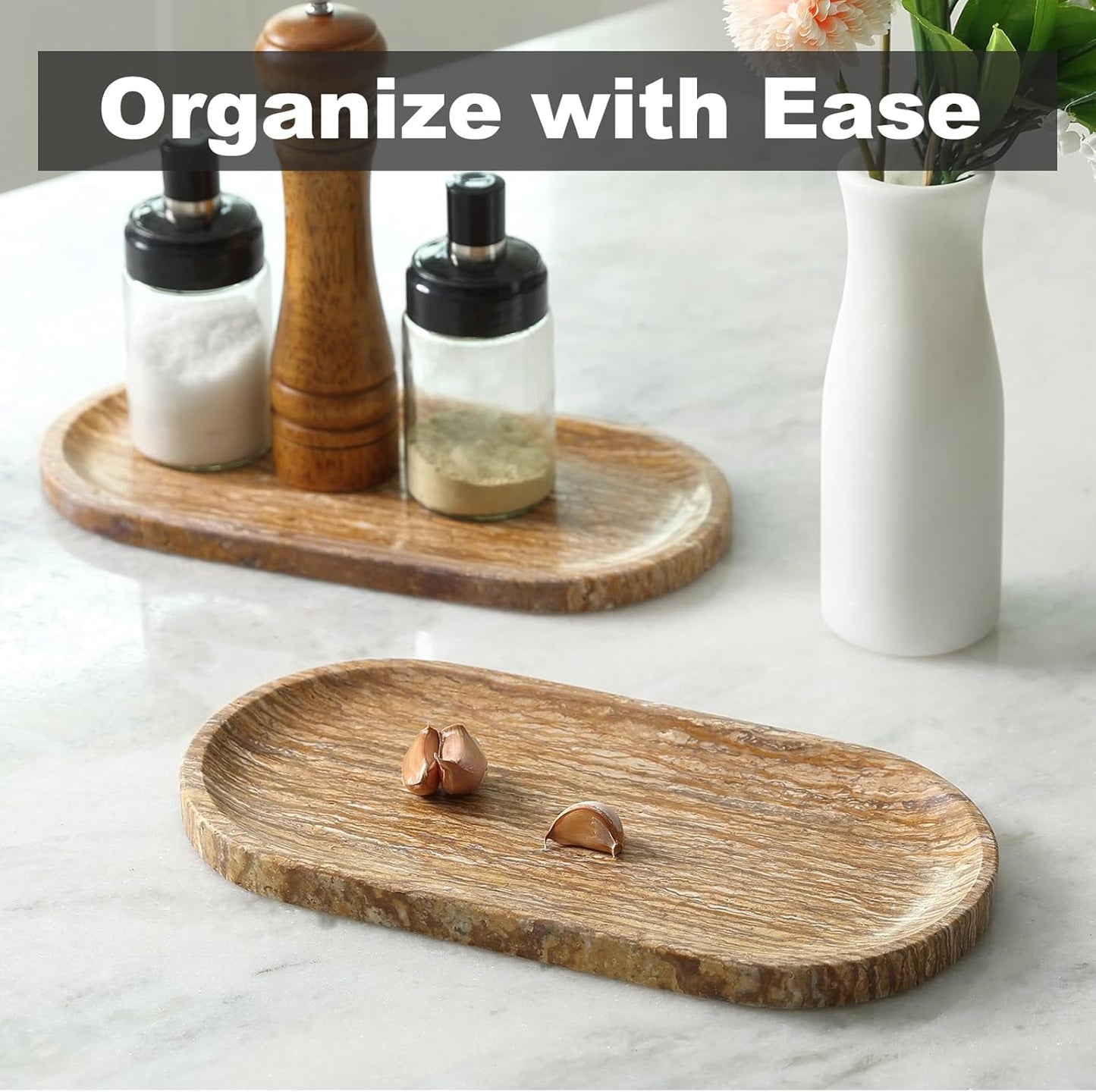 Koville Italian Travertine Tray, 12"x6" Vanity Decorative Marble Tray for Countertop, Catchall Tray for Perfume, Candles, Jewelry Dish Tray