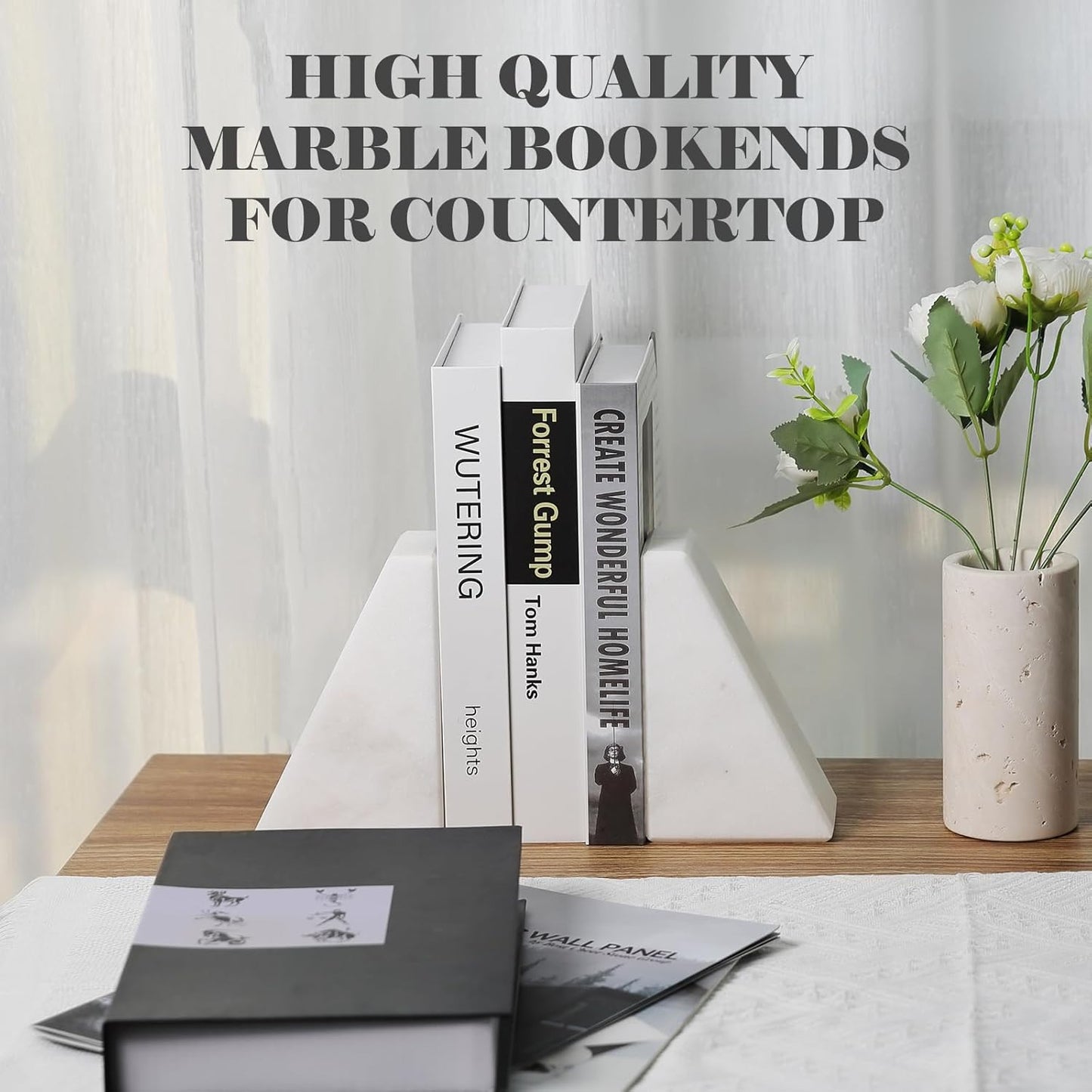 Karibiber Travertine Bookends for Heavy Books, Marble Decorative Bookends for Shelves, Heavy-Duty Stone Book Ends for Hardback Book & Cookbooks, Unique Book Stopper & Holder, Travertino Italy