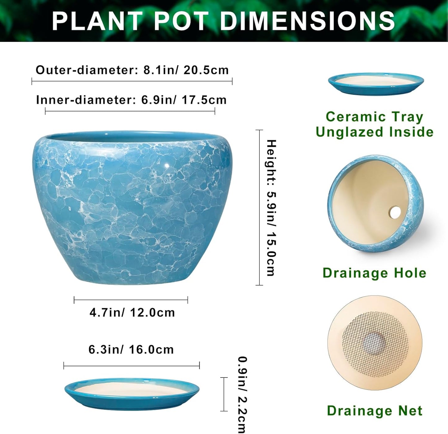 6 Inch Plant Pot - Ceramic Pots for Plants with Drainage Hole and Saucer, Round Succulent Planter Indoor Outdoor, Modern Flower Pot for Snake Plants, Home Decor, Gifts for Plant Lover, Blue
