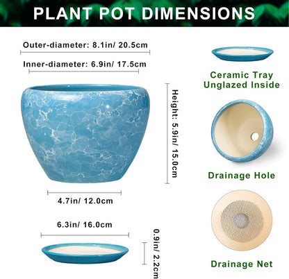 6 Inch Plant Pot - Ceramic Pots for Plants with Drainage Hole and Saucer, Round Succulent Planter Indoor Outdoor, Modern Flower Pot for Snake Plants, Home Decor, Gifts for Plant Lover, Blue