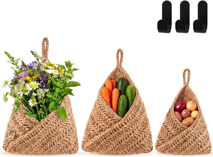 Honeydak Boho Decor Hanging Wall Baskets for Kitchen 3 Pack Teardrop Baskets with Hooks Storage Fruit Onion Vegetable Potato for Home 3 Sizes(Linen,Teardrop,Jute)