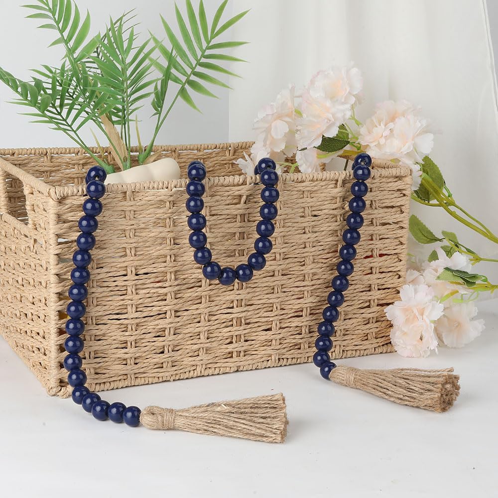 Wood Bead Garland 58 Inch Nature Wooden Beads for Boho Farmhouse Table Home Decor with Tassel, Wooden Prayer Bead, Rustic Country Boho Wall Hanging Decor for Kitchen Modern Living Room Tray Vase Shelf