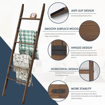 6-Tier Blanket Ladder Wooden, 5.7FT(66.5'') Blanket Quilt Towel Holder Rack Decorative Ladder, Easy Assembly, Rustic Farmhouse Ladder Shelf for The Living Room Bedroom Bathroom Home Decor, Brown