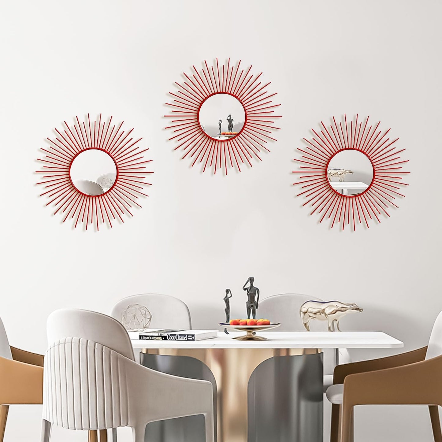 3 Pack Metal Mirrors for Wall Sunburst Wall Mirrors Home Décor Decorative Hanging Wall Art for Living Room Bedroom Entryway (Gold, Flower+Sunburst)