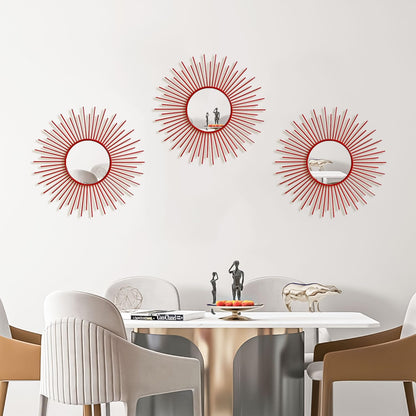 3 Pack Metal Mirrors for Wall Sunburst Wall Mirrors Home Décor Decorative Hanging Wall Art for Living Room Bedroom Entryway (Gold, Flower+Sunburst)