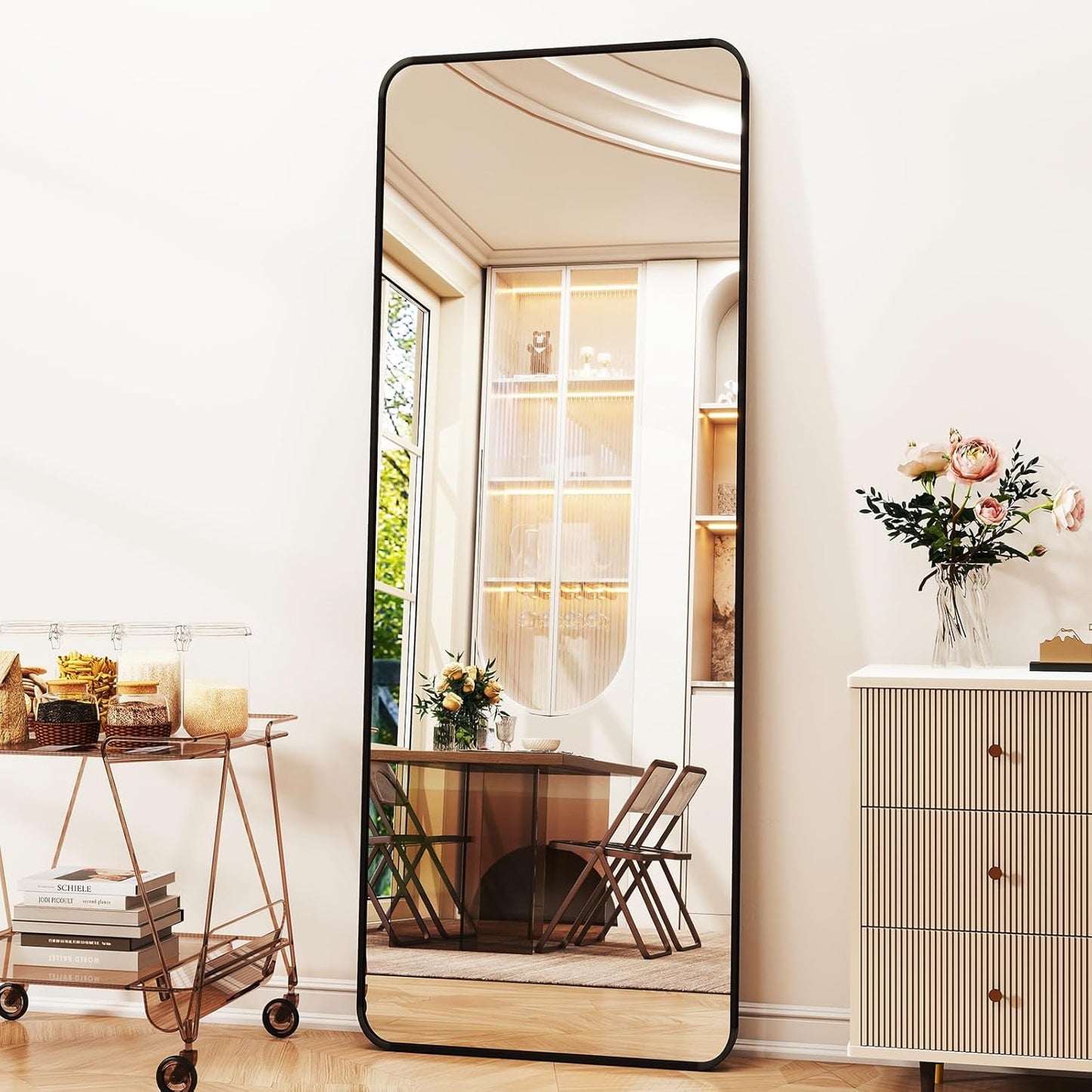 XRAMFY 56"x21" Floor Full Length Mirror Standing Full Body Rounded Corner Rectangle Mirrors with Stand Hanging Wall Mounted Leaning Bedroom Living Room Bedroom Cloakroom,Gold