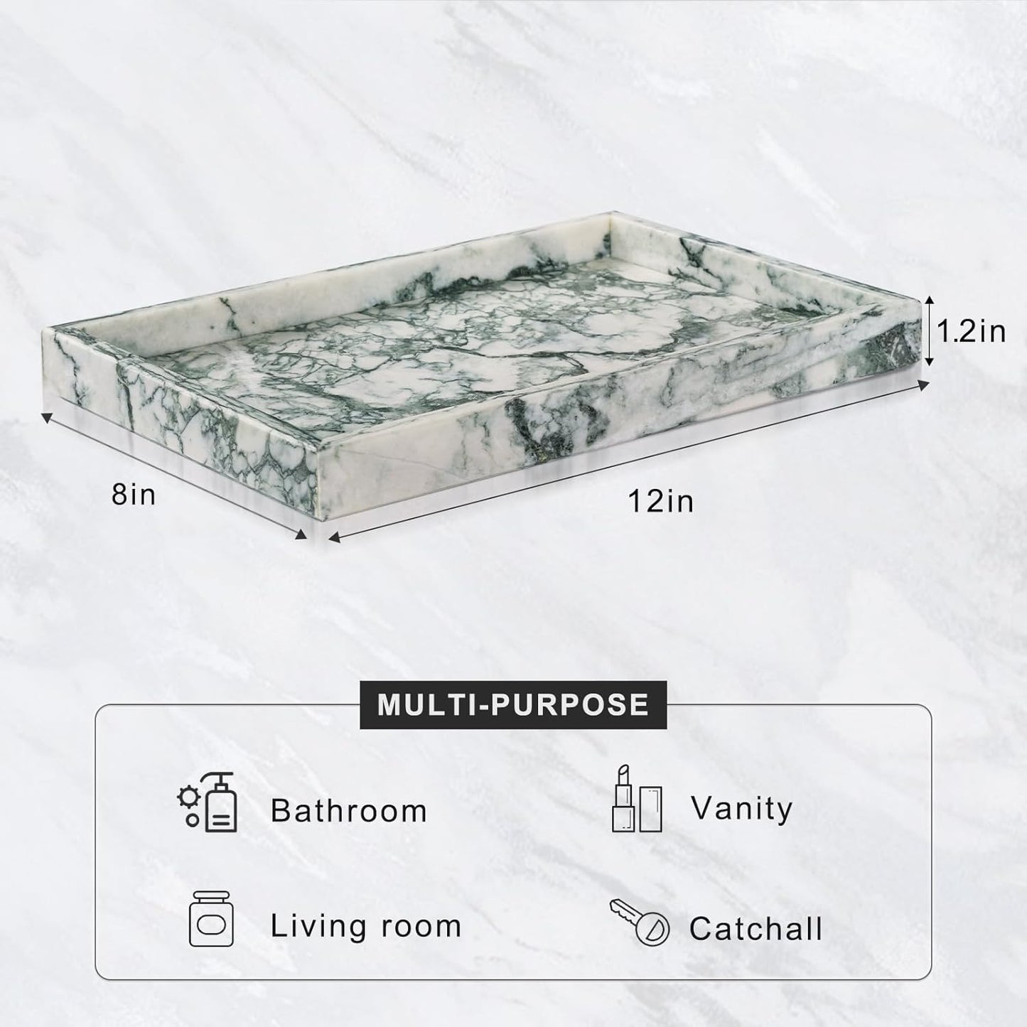 Marble Bathroom Tray for Countertop & Home Decor, Natural Decorative Marble Tray for Jewelry & Perfume Organizer, Luxury Stone Vanity Trays for Dresser, Kitchen Counter, 12" x 8", Gray Black