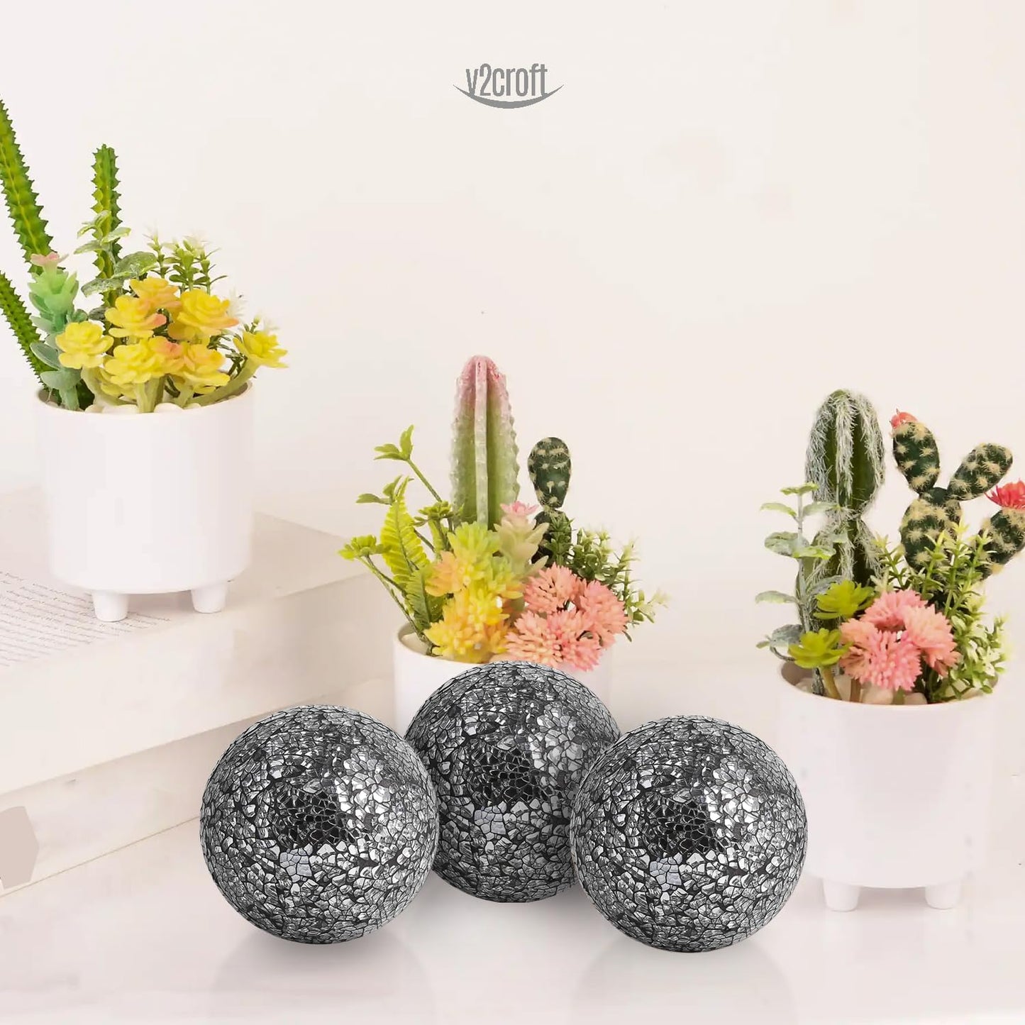 4in Decorative Mosaic Sphere Orbs Set of 3, Glass Balls for Whole Housewares,Wedding/Birthday,Bowls,Vases Dining Table Centerpieces(Silver,Black,Blue)