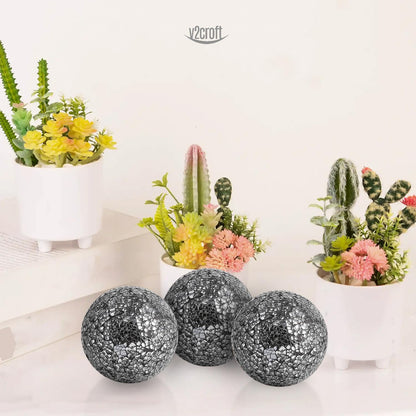 4in Decorative Mosaic Sphere Orbs Set of 3, Glass Balls for Whole Housewares,Wedding/Birthday,Bowls,Vases Dining Table Centerpieces(Silver,Black,Blue)