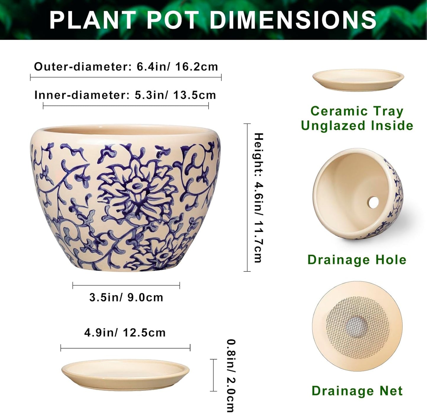 6 Inch Plant Pot - Ceramic Pots for Plants with Drainage Hole and Saucer, Round Succulent Planter Indoor Outdoor, Modern Flower Pot for Snake Plants, Home Decor, Gifts for Plant Lover, Blue