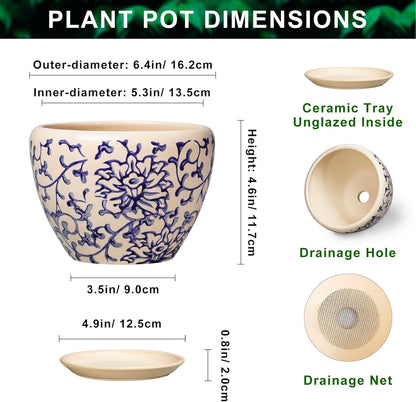 6 Inch Plant Pot - Ceramic Pots for Plants with Drainage Hole and Saucer, Round Succulent Planter Indoor Outdoor, Modern Flower Pot for Snake Plants, Home Decor, Gifts for Plant Lover, Blue