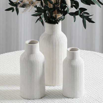 Bohemian White Ceramic Vase - for Pampas Grass, Mantel, Bookshelf, Entryway and Living Room Decor (White, 7in)