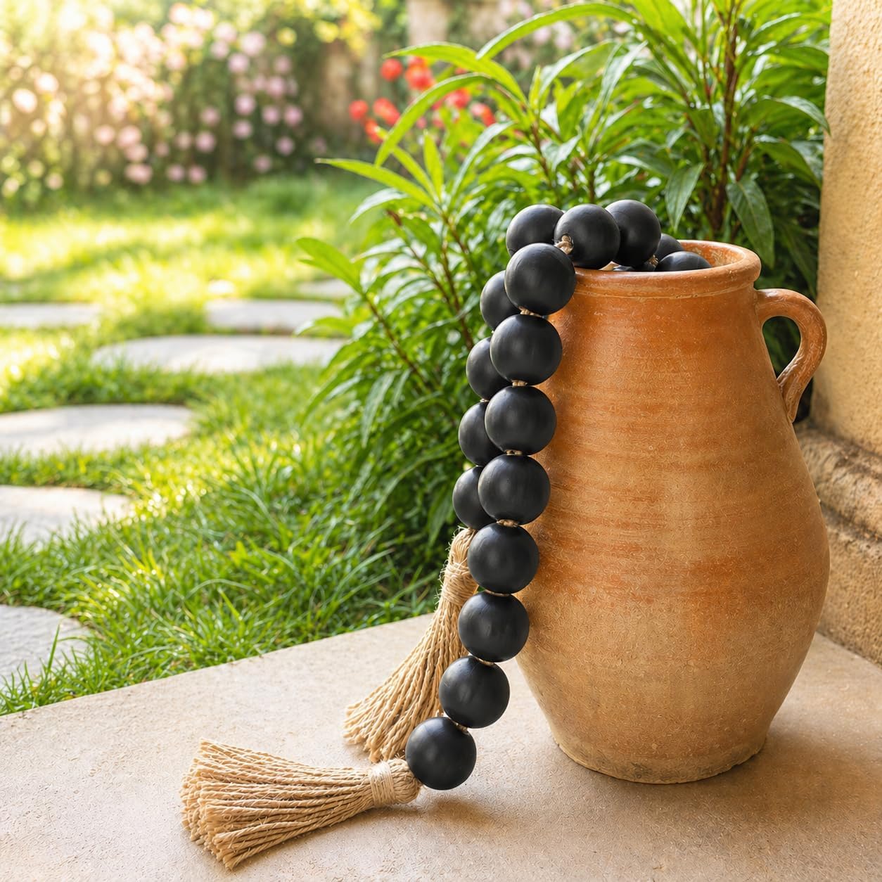 OMISHE Extra Large Wood Bead Garland with 1.6" Diameter Wooden Beads and Tassels, 41" Long Rustic Farmhouse Country Decorative Beads for Home Tiered Tray Decor, Natural Beige