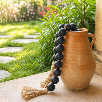 OMISHE Extra Large Wood Bead Garland with 1.6" Diameter Wooden Beads and Tassels, 41" Long Rustic Farmhouse Country Decorative Beads for Home Tiered Tray Decor, Natural Beige