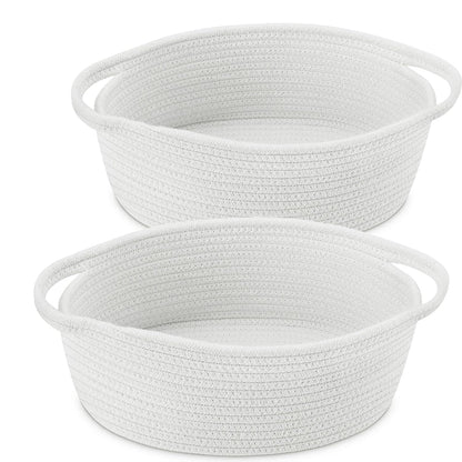 ABenkle Small Basket with Handles, Boho Decorative Rope Woven Dog Cat Toy Storage Bin Shelf Storage Organizer, Easter Christmas Gift Basket, 12"x8"x5", White