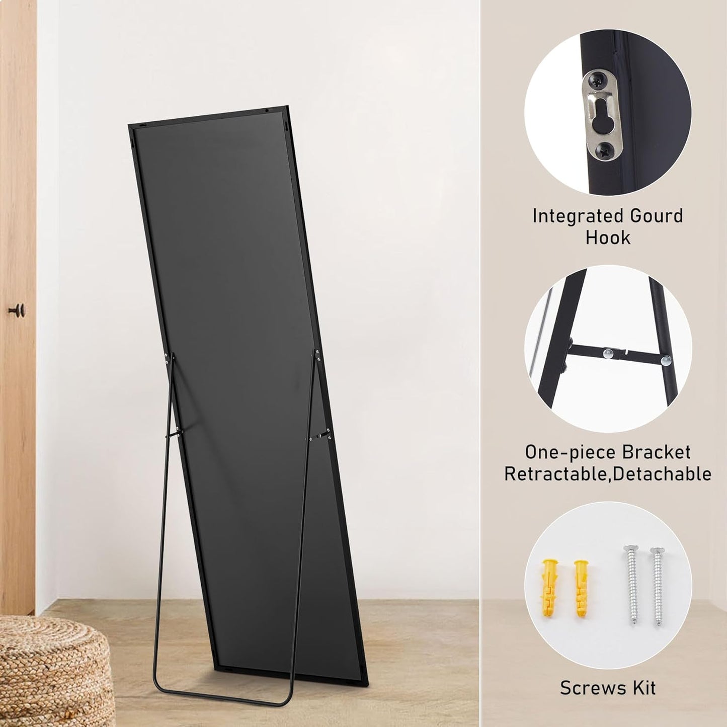 OLIXIS Black Arched Full Length Mirror 60"x16" for Bedroom, Full Body Mirror with Stand, Hanging or Leaning for Wall, Aluminum Alloy Thin Frame Floor Standing for Living Room