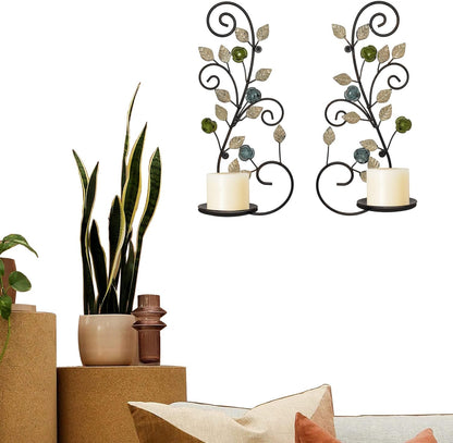 Wall Sconces Candle Holder Set of 2, Antique Multi-Color Leaf Branch Wall Mount Hanging Metal Wall Candle Holder Candle Sconce for Living Room Dining Room…