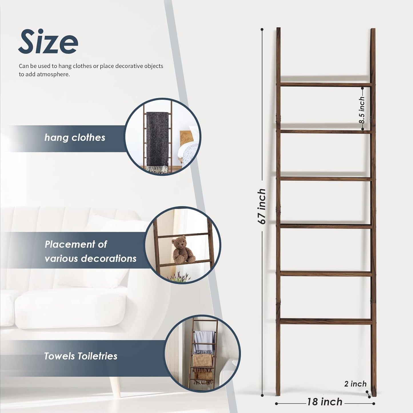 6-Tier Blanket Ladder Wooden, 5.7FT(66.5'') Blanket Quilt Towel Holder Rack Decorative Ladder, Easy Assembly, Rustic Farmhouse Ladder Shelf for The Living Room Bedroom Bathroom Home Decor, Brown