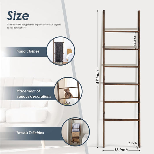 6-Tier Blanket Ladder Wooden, 5.7FT(66.5'') Blanket Quilt Towel Holder Rack Decorative Ladder, Easy Assembly, Rustic Farmhouse Ladder Shelf for The Living Room Bedroom Bathroom Home Decor, Brown