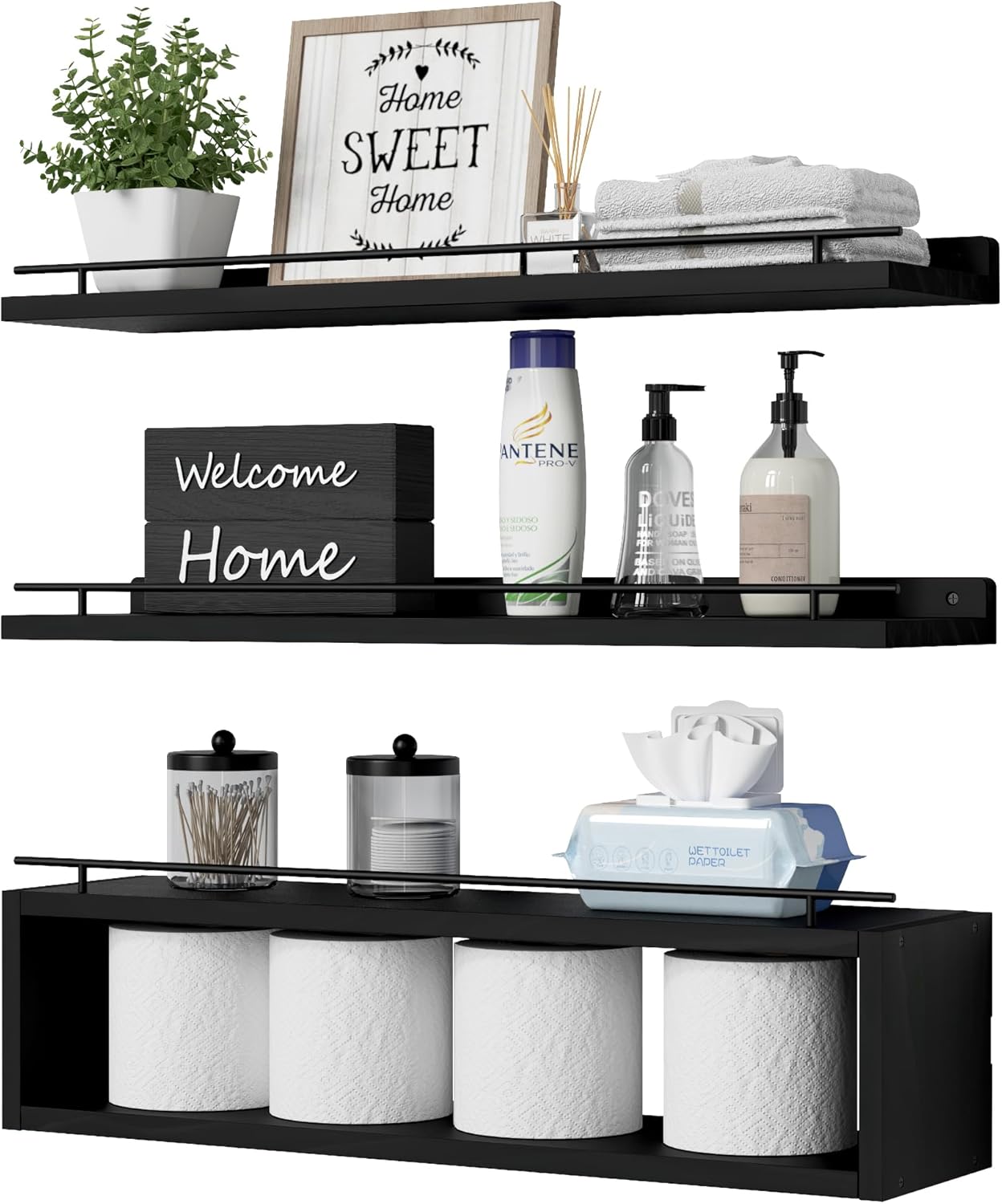 WOPITUES Floating Shelves for Wall with Cube Shelf, Wall Shelves with Metal Rail for Bathroom Decor, Bathroom Organizers and Storage, Over Toilet Shelves for Toilet Paper-Black