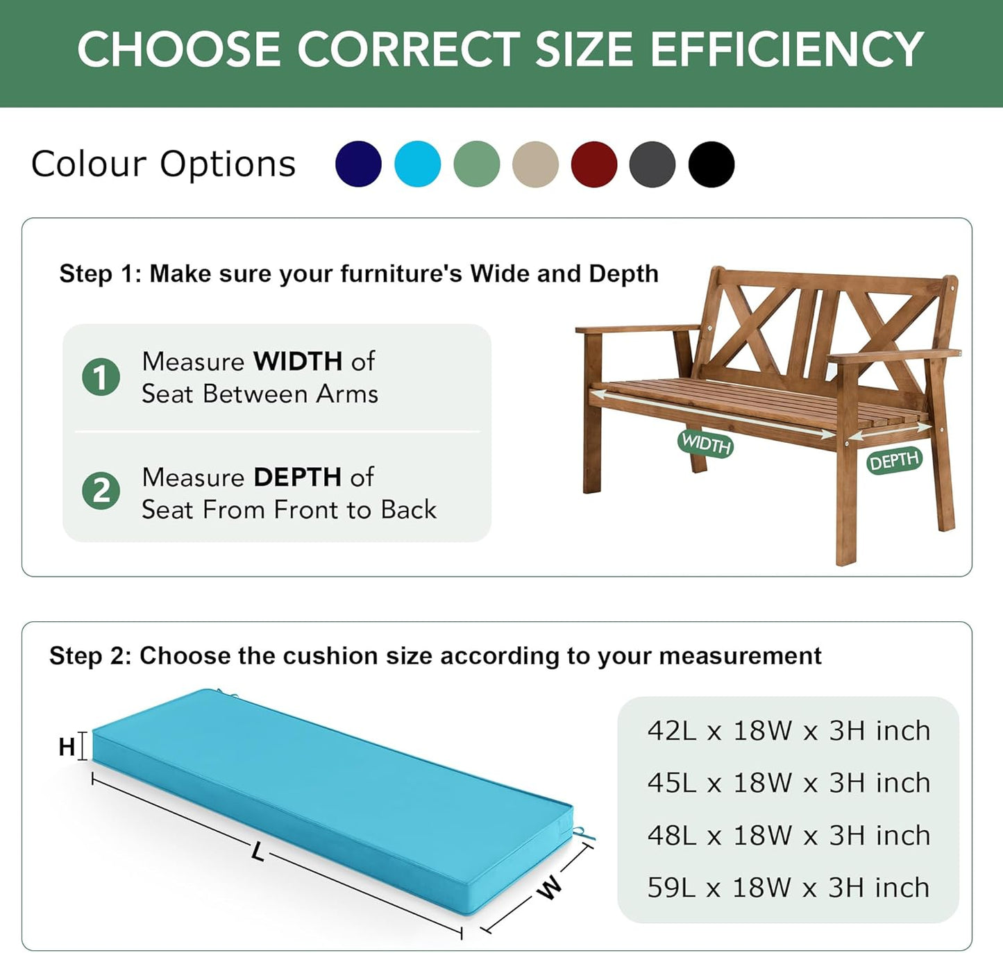 Summsun Outdoor Bench Cushion: Waterproof and Fade Resistant Patio Furniture Cushions - Non-Slip Bench Pad Cushion with Removable Cover for Garden Swing Porch Sofa Settee, 48 x 18 x 3 Inch, Black