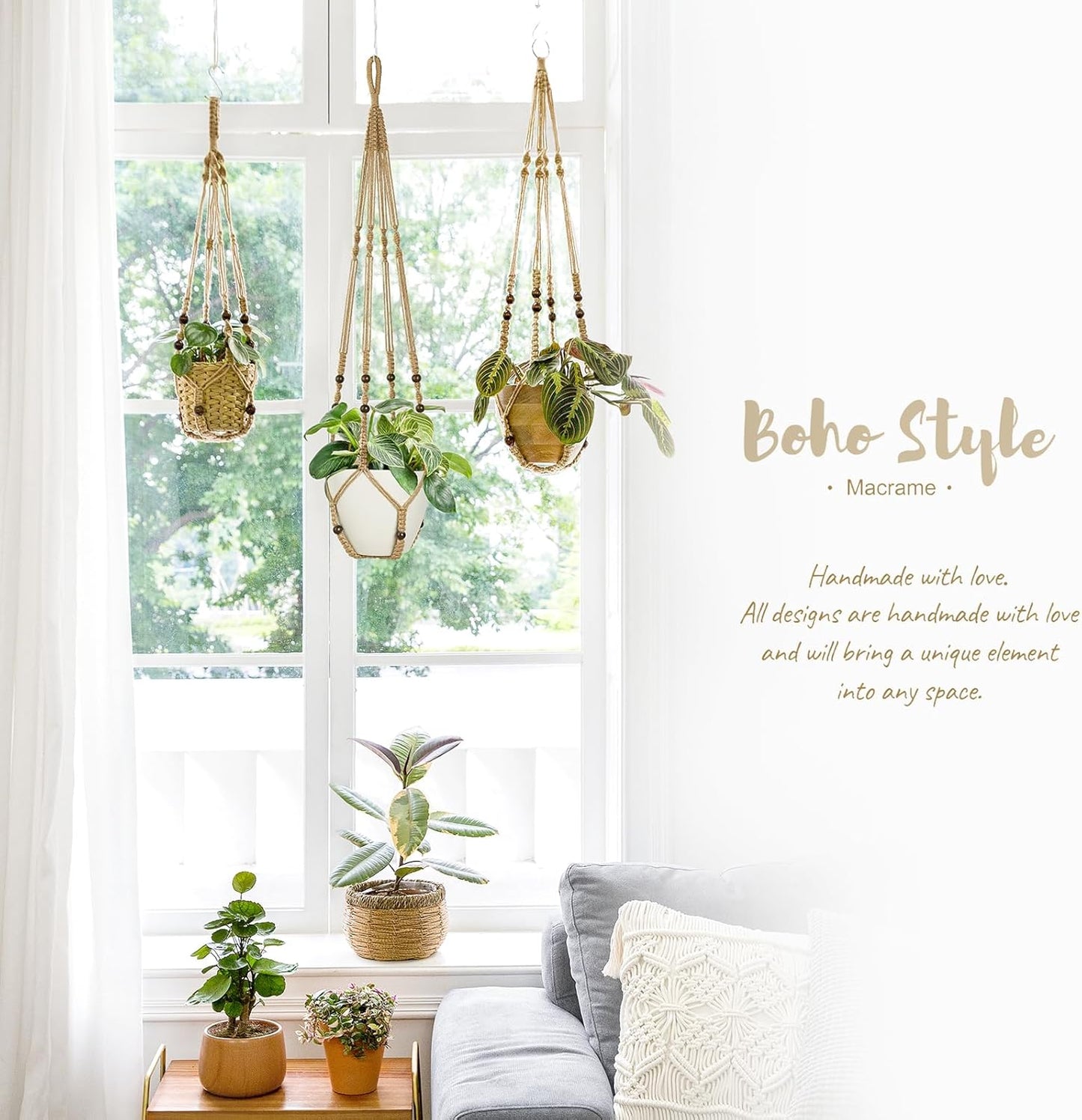 Mkono 3 Pack Macrame Plant Hangers Indoor Different Size Hanging Planter Basket Flower Pot Holder with Beads No Tassels 35"/29"/23", Medium, Brown