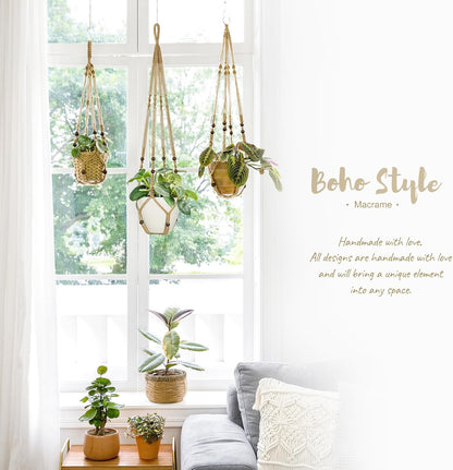 Mkono 3 Pack Macrame Plant Hangers Indoor Different Size Hanging Planter Basket Flower Pot Holder with Beads No Tassels 35"/29"/23", Medium, Brown