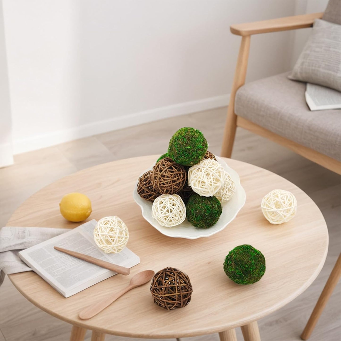 15pcs Decorative Balls for Vase Centerpiece Bowls Orbs Filler Table Decor, 2.4 in Wicker Rattan Balls and Moss Balls Set(Green + Brown + White)
