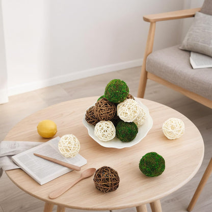 15pcs Decorative Balls for Vase Centerpiece Bowls Orbs Filler Table Decor, 2.4 in Wicker Rattan Balls and Moss Balls Set(Green + Brown + White)