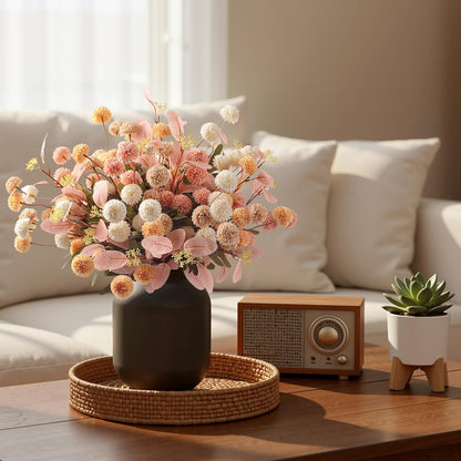Alupssuc 16PCS Faux Silk Pompon Mums Artificial Flowers with Eucalyptus, Fake Chrysanthemum Floral for DIY Vase Arrangement, Long Stem Dining Table Centerpiece Home Decor, Beige