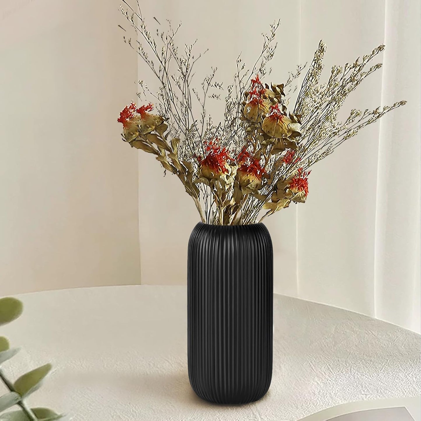 Ceramic Vase for Flowers – Modern Small Ribbed Textured Flower Vase for Home Decor, Pampas Grass, Decorative, Farmhouse, Coffee Table, Kitchen Centerpieces, Bookshelf and Home Living (White)