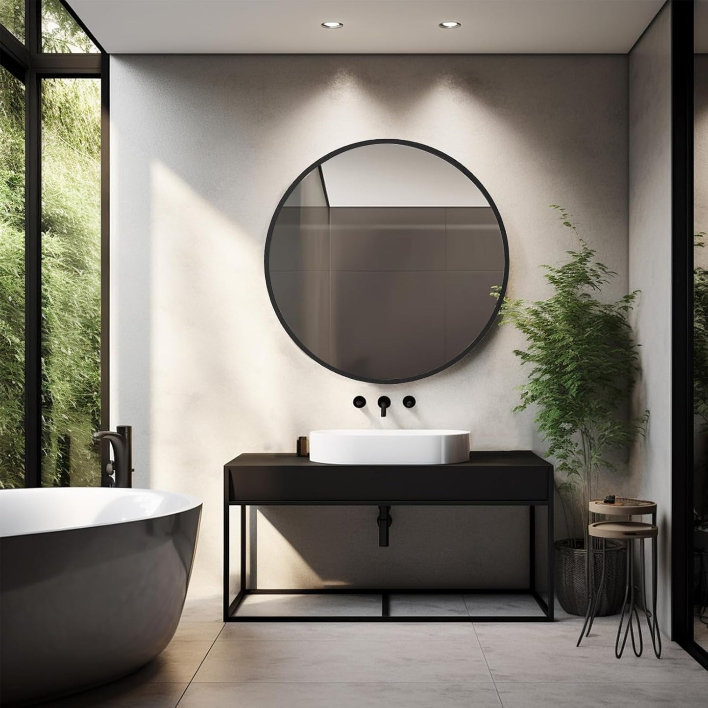 Sunniry Black Round Mirror, Round Mirror 24 inch, Black Circle Mirrors Matte Metal Frame, Wall Mounted Mirrors for Living Room, Bathroom, Wall, Entryway.