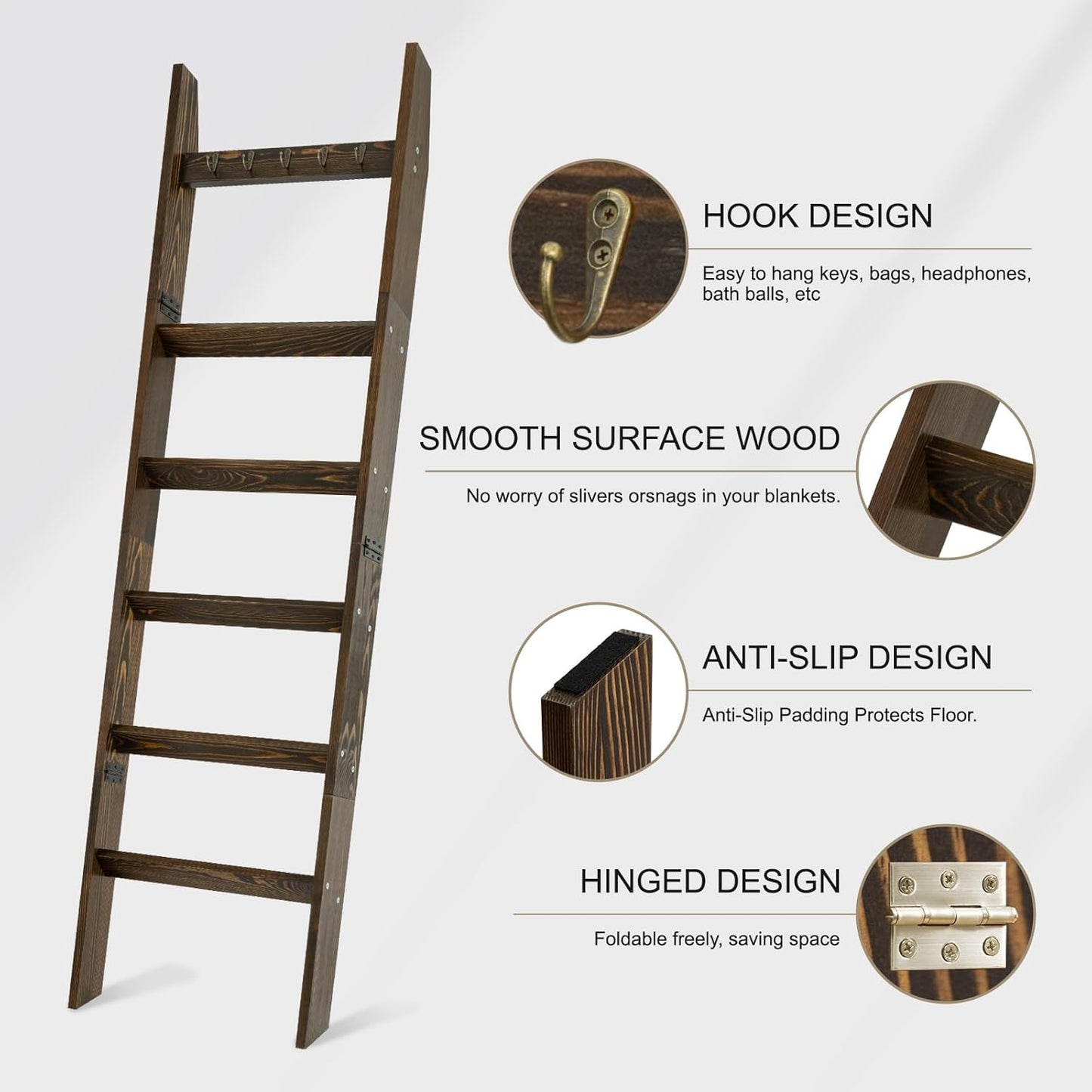 TEAKMAMA 6-Tier Blanket Ladder for Living Room and Bedroom,5.4 Ft Wall Leaning Quilt Rack with Hooks,Rustic Decorative Farmhouse Blanket Storage,Stylish Ladder Holder,Christmas Decorations,Black
