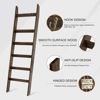 TEAKMAMA 6-Tier Blanket Ladder for Living Room and Bedroom,5.4 Ft Wall Leaning Quilt Rack with Hooks,Rustic Decorative Farmhouse Blanket Storage,Stylish Ladder Holder,Christmas Decorations,Black