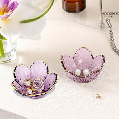 Purple Flower Jewelry Dish Glass Ring Holder Dish Jewelry Tray Cute Vanity Organizer Aesthetic Nightstand Bathroom Room Decor Trinket Dish Mothers Day Friendship Christmas Birthday Gifts for Women