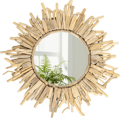 Vercraft 24 Inch Large Driftwood Wall Mirror Decorative Boho Sunburst, Rustic Natural Wood Coastal Farmhouse Wall Decor Frame for Entryway Bathroom, Living Room, Housewarming Gift