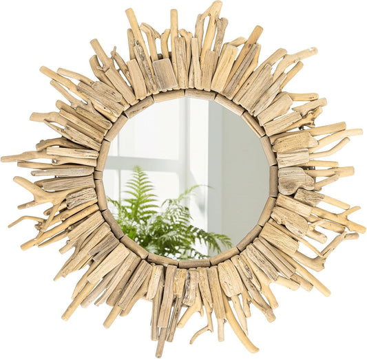 Vercraft 24 Inch Large Driftwood Wall Mirror Decorative Boho Sunburst, Rustic Natural Wood Coastal Farmhouse Wall Decor Frame for Entryway Bathroom, Living Room, Housewarming Gift