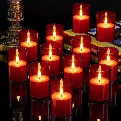 VIODAIM 12Pack Flickering Flameless LED Candles with Timer, Battery Powered - Small Pillar & Votive, Clear (2"X3")