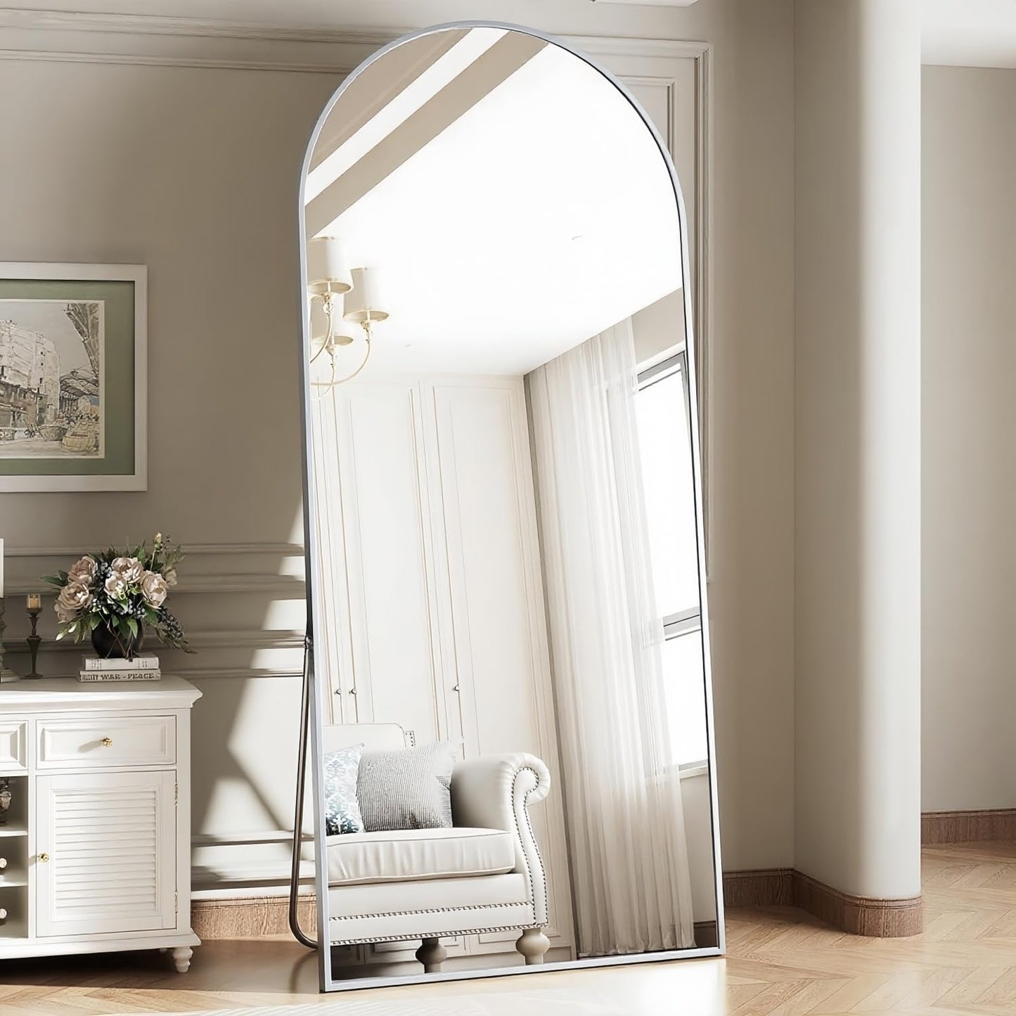 Dewfig Arched Full Length Mirror, 76"x34" Large Floor Mirror, Full Body Mirrors for Leaning or Hanging, Standing Mirrors for Bedroom, Living Room,Dressing Room, Aluminum Alloy Frame, Black