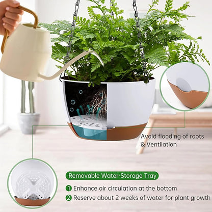 Set of 2 Hanging Planters for Indoor Outdoor Plants, 8 Inch Self-Watering Hanging Flower Pots with Drainage Hole & Removable Water-Storage Tray (Hooks)