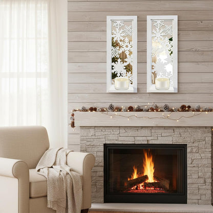 Wood Wall Sconce Candle Holder Set 2, Rustic Wall-Mount Candle Holders, Farmhouse Hanging Wall Décor, Carved Wood Frame, Mirrored Candle Holder (Distressed White)